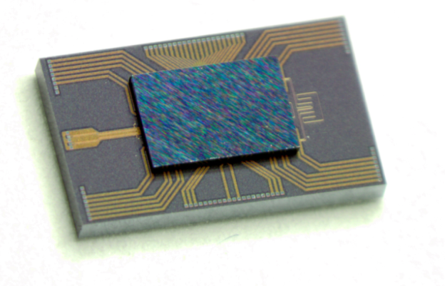 CMOS RF-driver driver flip-chip integrated on top of a Si-PIC. There are 484 20m diameter copper pillar electrical connections between the two chips